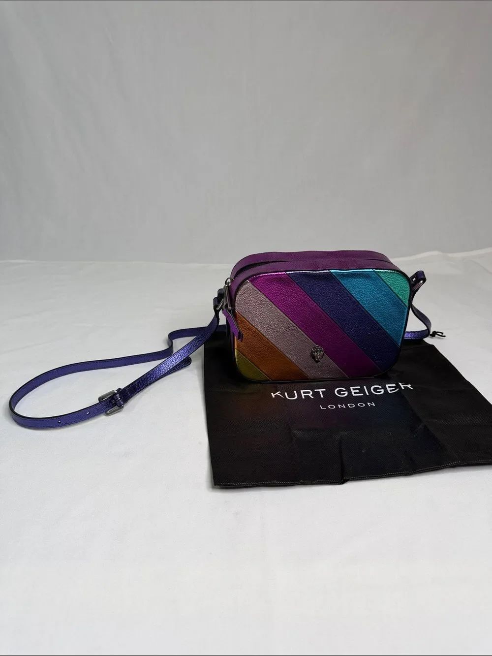 Kurt Geiger Rainbow Diagonal Stripe Leather Crossbody with Purple Strap
